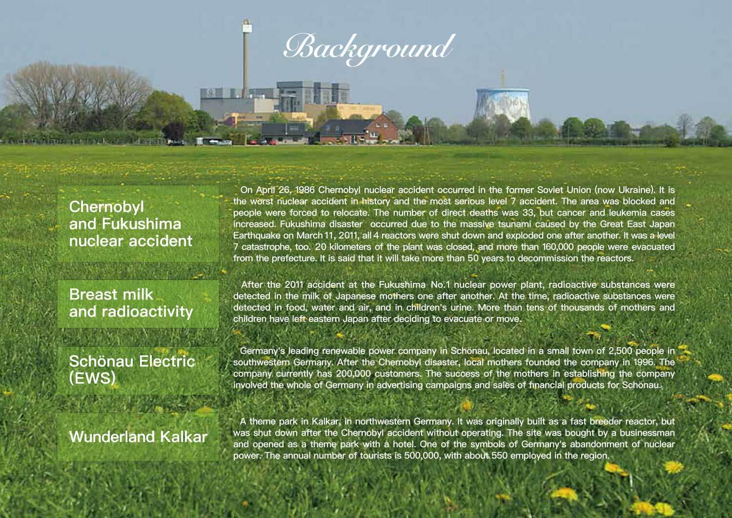 Background Chernobyl
and Fukushima nuclear accident. Breast milk and radioactivity. Schönau Electric
(EWS). Wunderland Kalkar